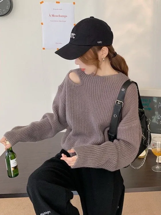 

Осень-зима Lazy Sle oulder Bared Long Sve женский вязаный свитер свободный базовый слой дизайн с отверстиями для поездок на работу