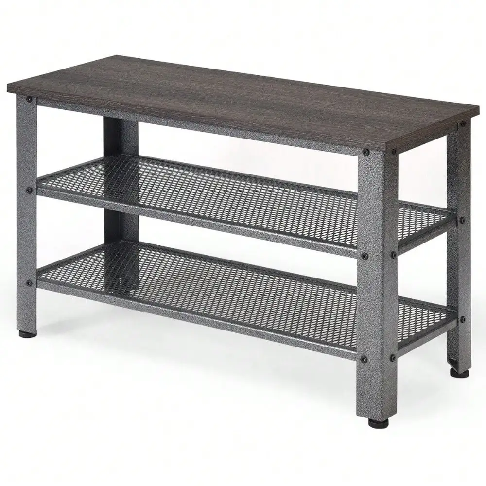 

3-Tier Industrial Shoe Rack Shoe Bench w/Storage Shelves Metal Frame Entryway