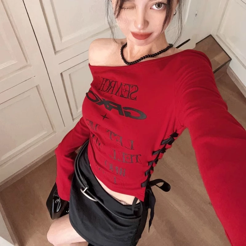 T-Shirts Women Oblique Shoulder Lace-up Design Slim Fit All-match Sweet Sexy Girls Korean Fashion Spring Autumn Crop Tops Casual