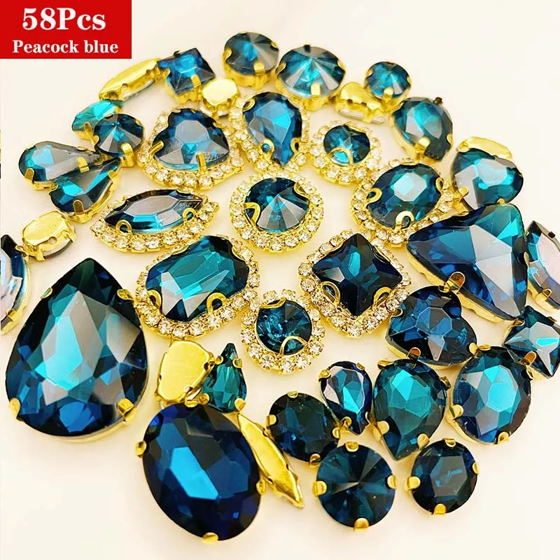 

Mix Shape 58Pcs Peacock Blue Glass Rhinestones, Crystal Buckle Use for Needlework, DIY Sewing Accessories Clothing Decoration