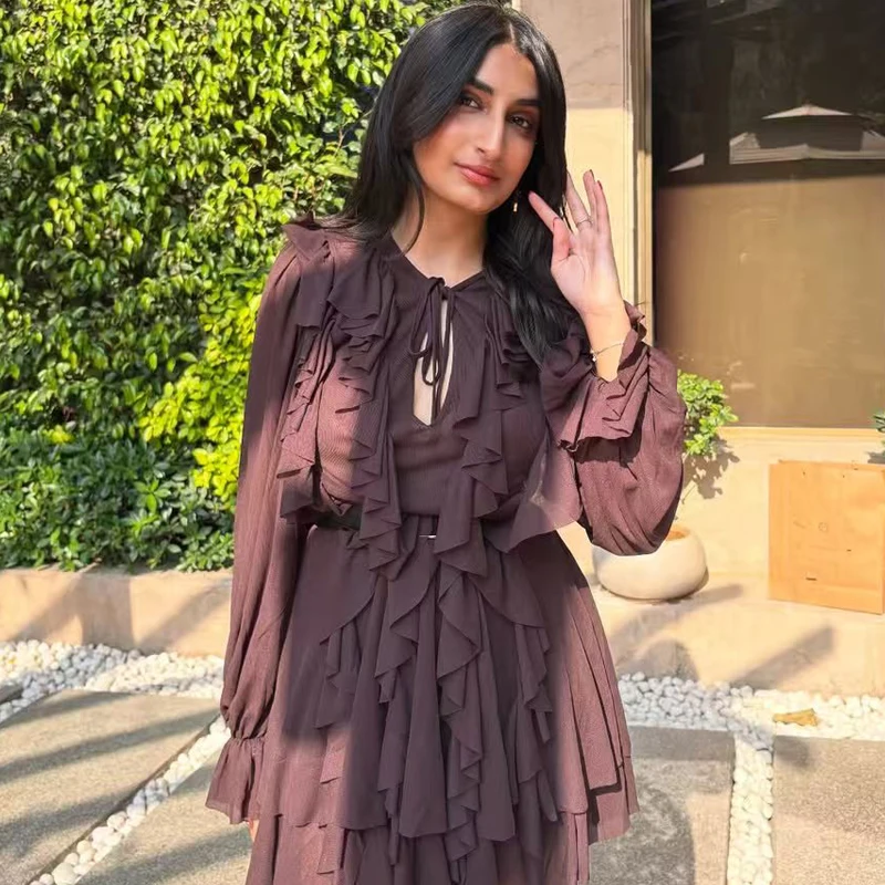 Hxao vestidos curtos 2025 mulher babados dobras vestidos de verão em camadas com decote em v vestidos de manga longa feminino marrom mini vestido de festa