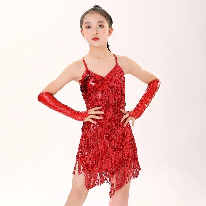Falda con flecos y lentejuelas para niñas, traje de actuación en escenario, traje de competición de baile en equipo