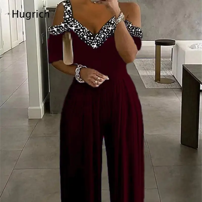 Wine Red Cold Shoulder Short Sleeve Jumpsuit Sparkly Rhinestone V Neck Pleated Palazzo Romper