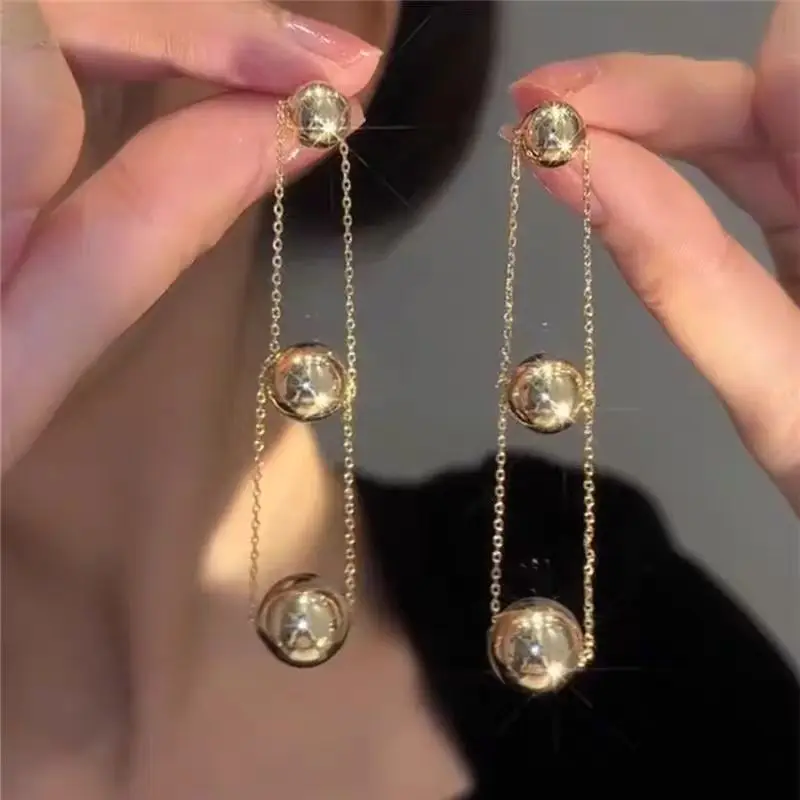 

Designer 14k Gold Plated 925 Sterling Silver Triple - Ball Dangle Drop Earrings Chain Tassel Ear Studs Chic Fine Women Jewelry
