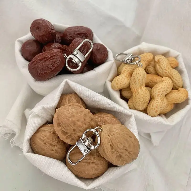 1Pc Creative Personalized Simulation Walnut Red Date Peanut Shaped Keychain Bag Cute Decorative Accessory Funny Pendant