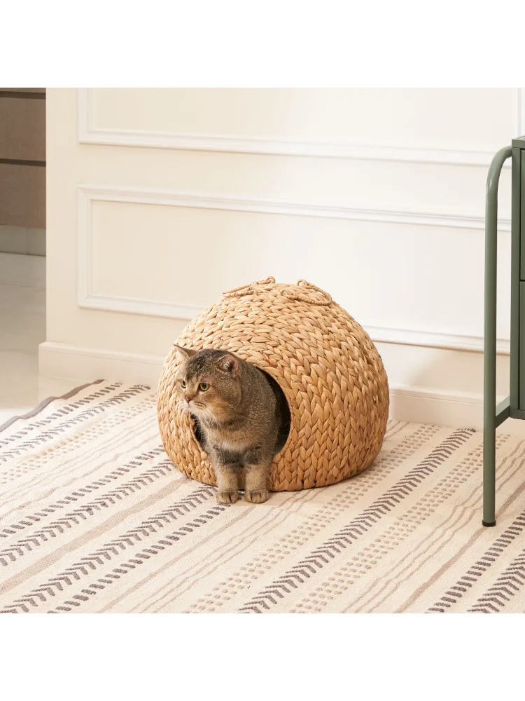 Water Hyacinth Woven Wicker Round Cat Bed Cave with Handles - 18