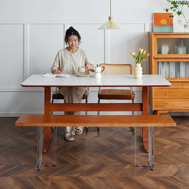 Retro solid wood rock slab dining table and chairs household small apartment modern simple living room rectangular table
