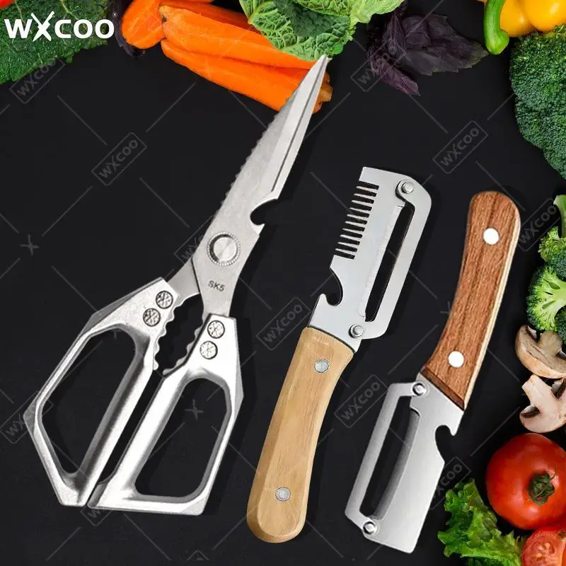 Tesoura de cozinha de aço inoxidável WXCOO, descascador multifuncional de frutas e vegetais, tesoura especializada SK5 com cabo antiderrapante
