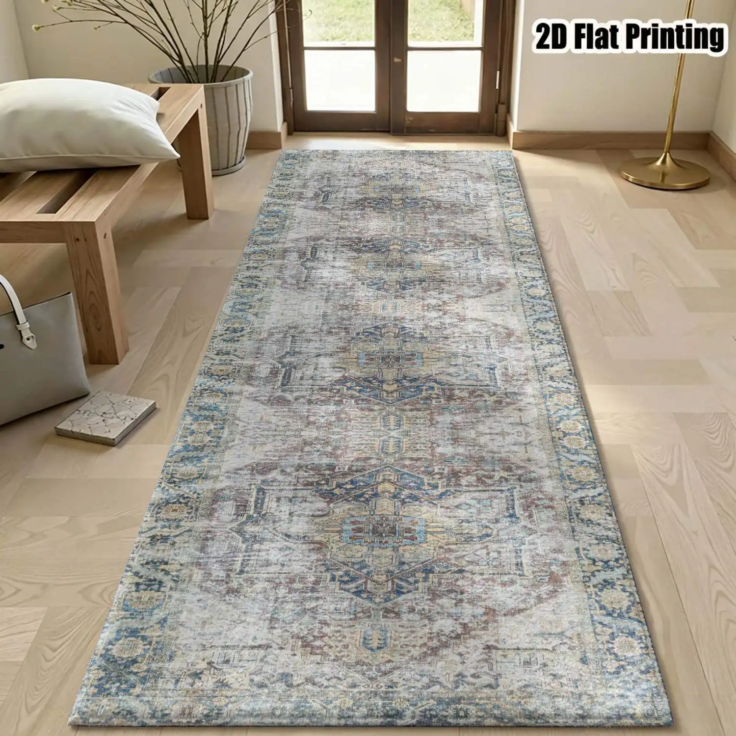 1Pc 2D Printed Long Strip Rug: Blue-Grey Retro Geometric Pattern, Nordic/Instagram/Minimalist/European/Bohemian Style Home Decor, Multi-Size, Machine Washable, Suitable for Entrance, Corridor, Living Room, Bedroom.
