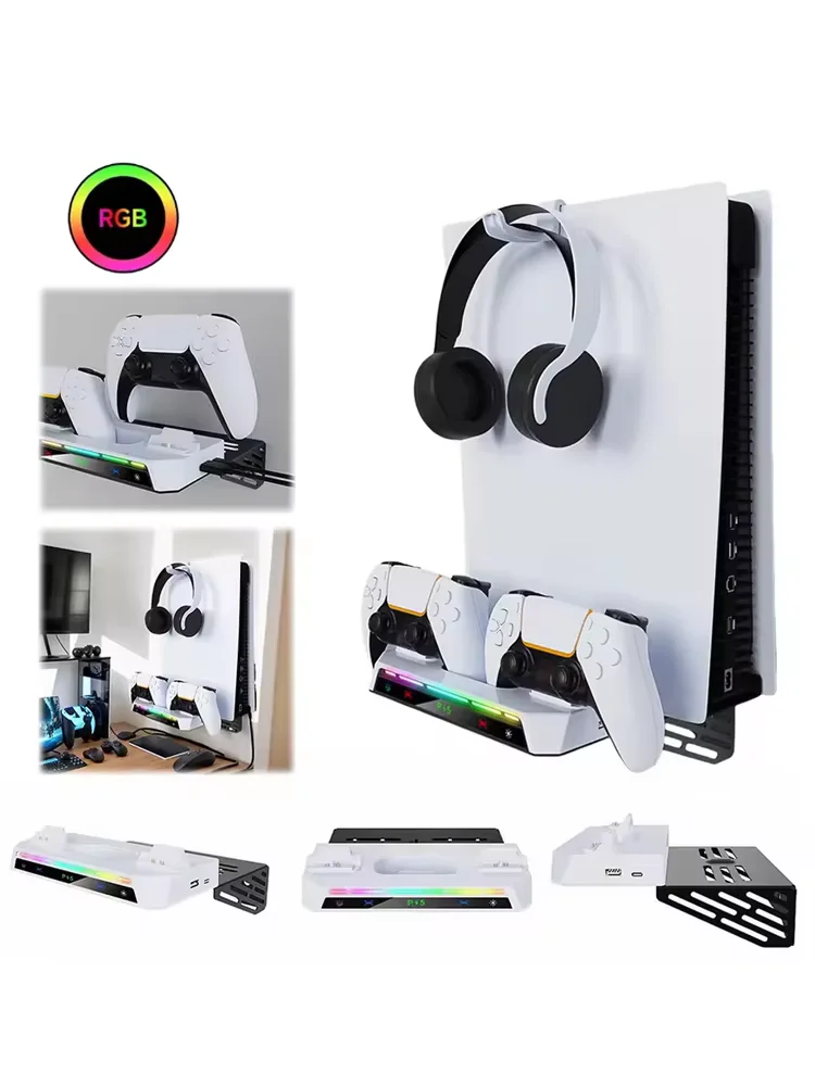 Kit de montage mural pour console PS5/ Pro/ Slim avec station de charge lumière RVB casque cintre pour accessoires de contrôleur double PS5