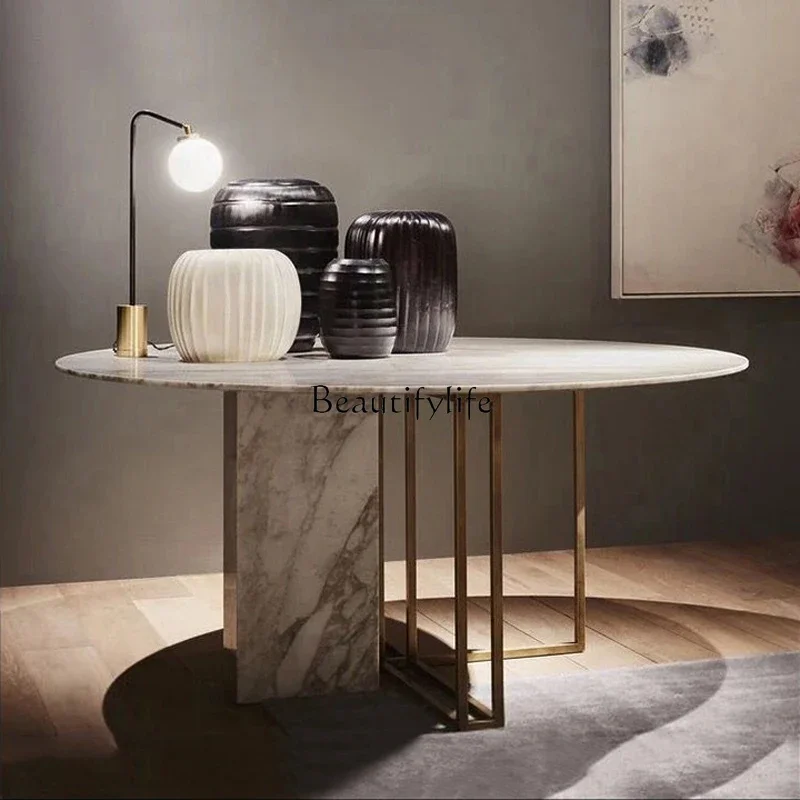 

02 Natural Marble Round Home Dining Table Nordic Round Dining Table Minimalist High-End Feel