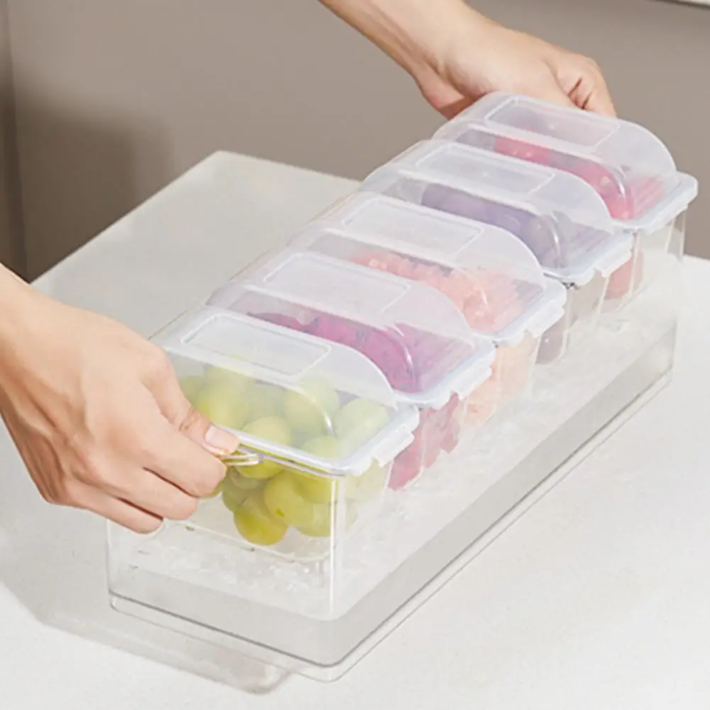 Crisper Box with 5 Compartments Ice Chilled Condiment Caddy Organizer for Fruit Salad Dressings Garnish Serving Tray Platter