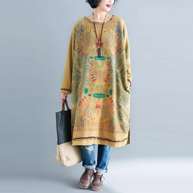 

Spring Autumn Arts Style Women Long Sleeve Loose O-neck Long Dresses 100% Cotton Vintage Print Pullover Dress High Quality P505