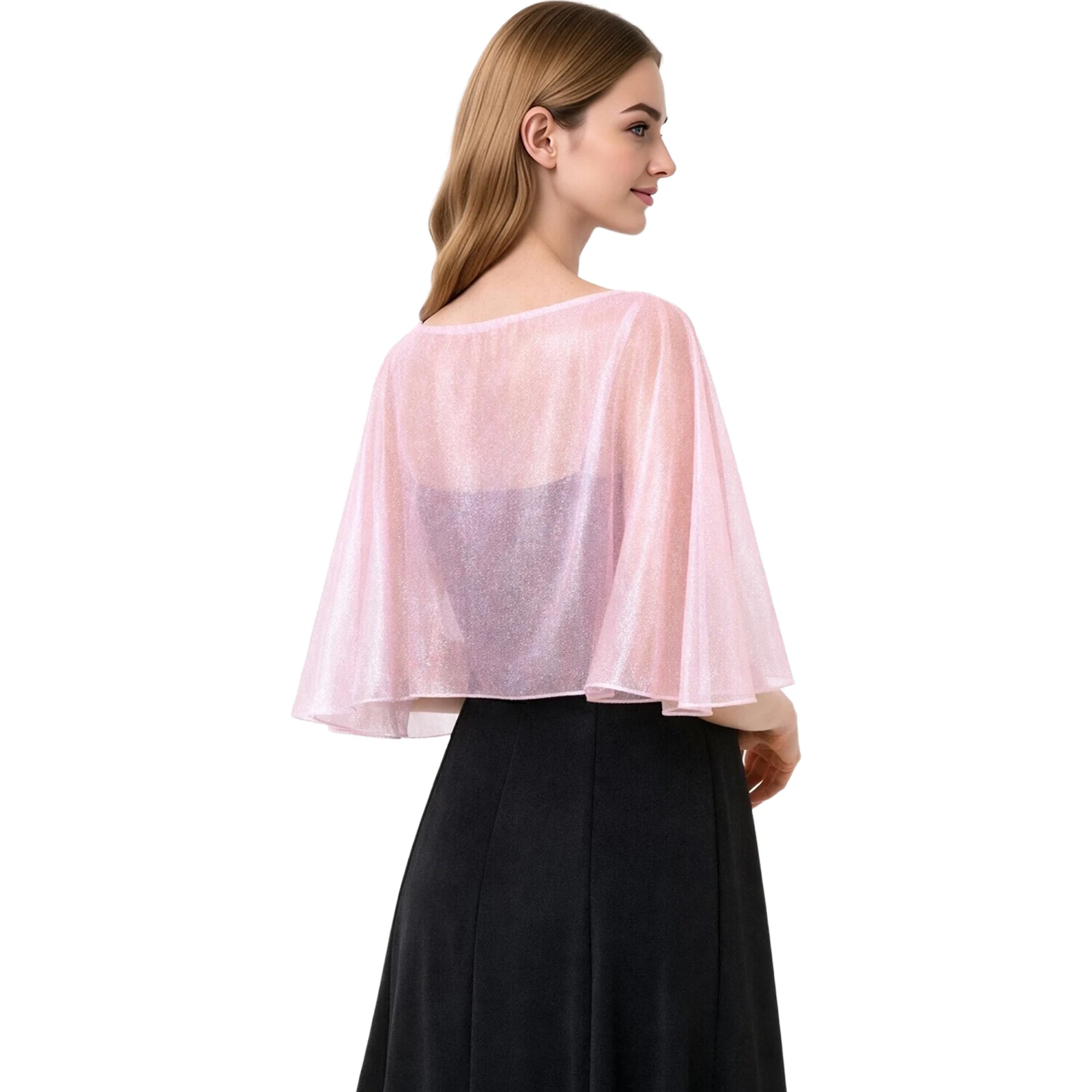 Women Metallic Shimmer Bolero Cape Shawls Sheer Mesh Lightweight Shrugs Wrap Cover-up Poncho for Raves Wedding Evening Party
