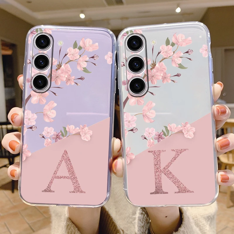 For Samsung Galaxy S24 S23 S22 S 23 FE Phone Case S24 Plus s23+ S 24 Ultra Cover Letter Pink Flowers Clear Soft TPU Fundas Shell