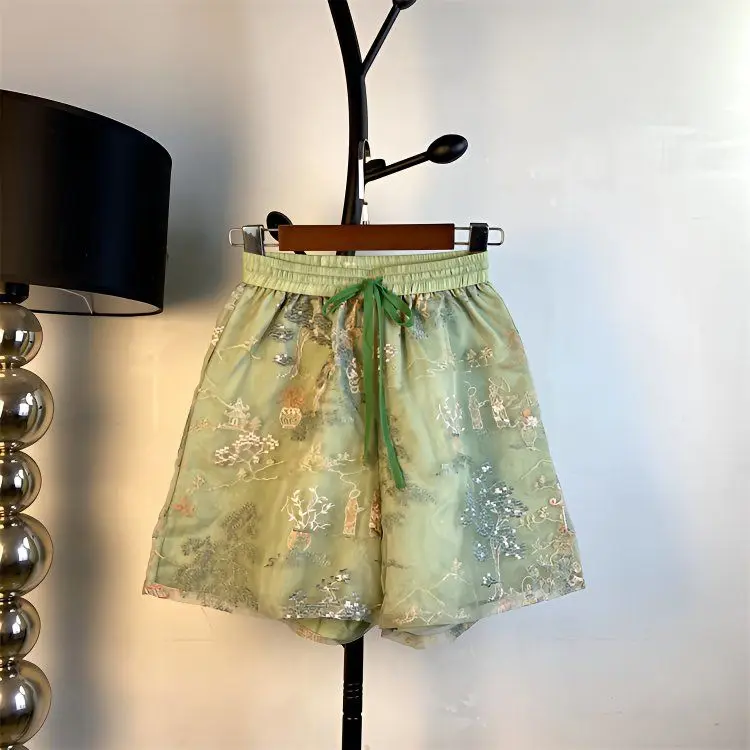 

New Chinese Style Fashionable Retro Embroidered Loose Wide Leg Shorts Women Thin Mesh Drawstring Casual Pants Summer
