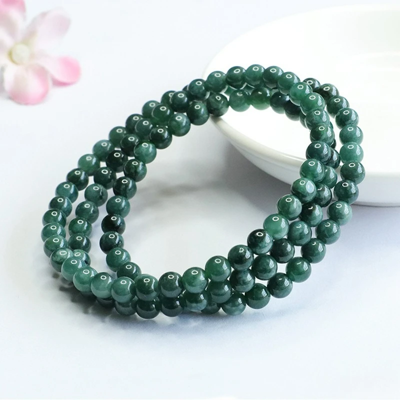 

Natural Jadeite Ice Species Blue Water Emerald about 5.5mm Round Beads Simple Long Jade Bead Necklace for Mother Gift