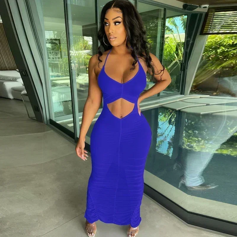 GUWU Uitgesneden Spaghetti Band Effen Kleur Zien Door Mesh Feestjurken Hol Sexy Club Vrouwen Lange Jurk