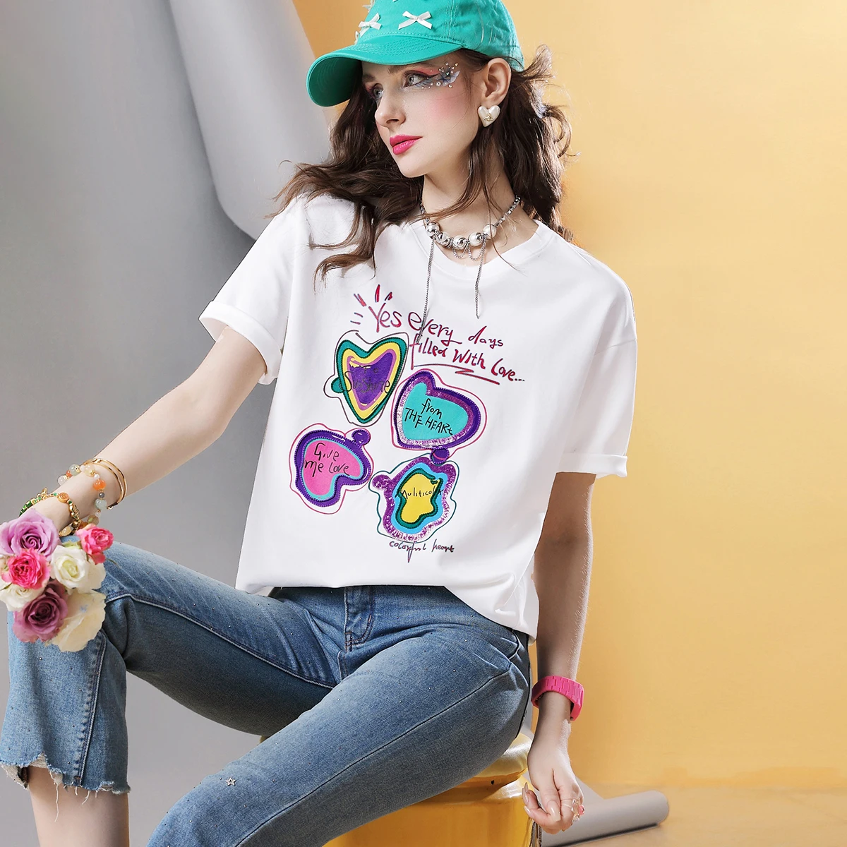 

Summer women's short -sleeved cotton T -shirts casual loose print sequins Tee top for women