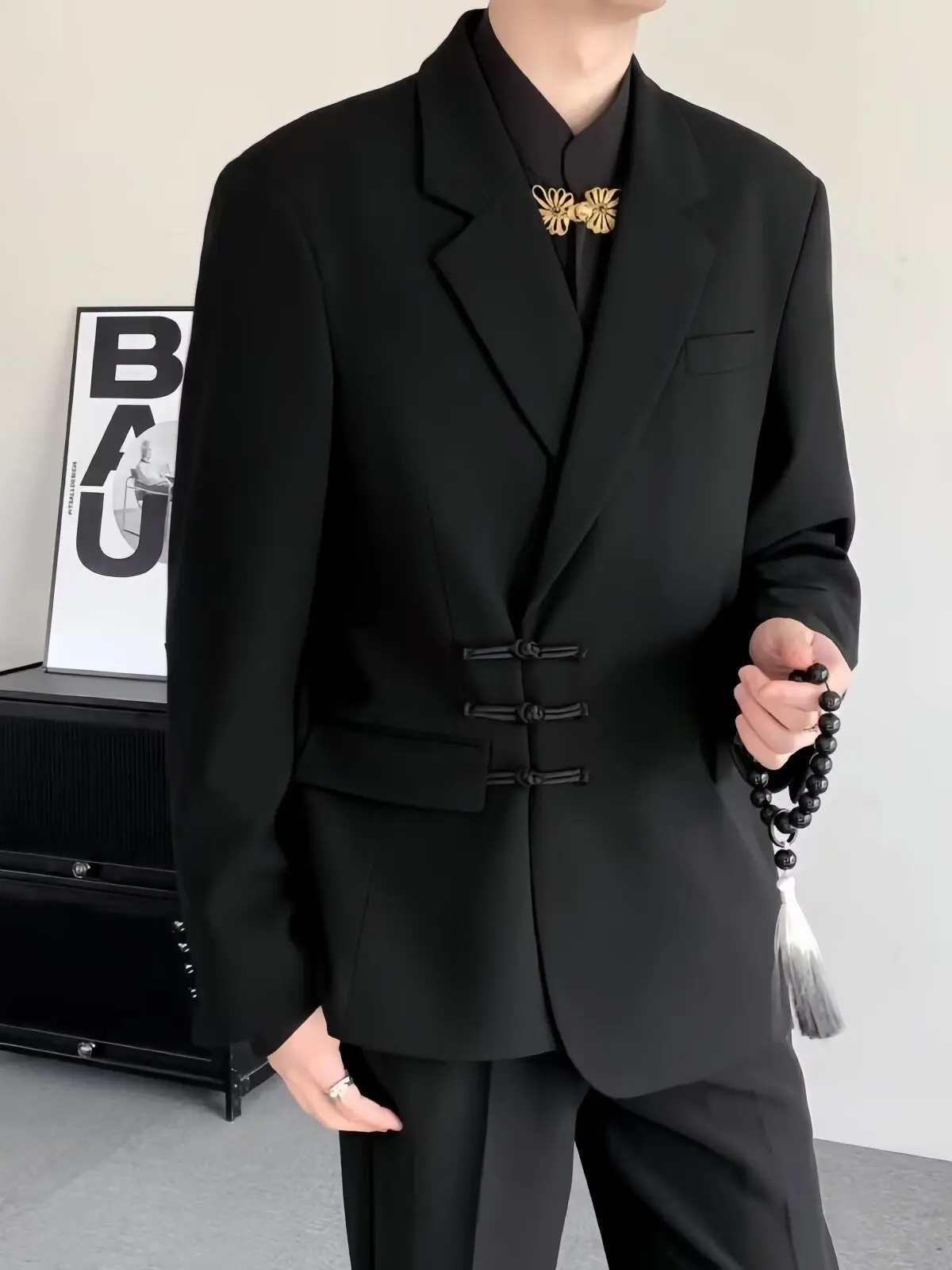 

Casual k Chinese Sle Men's Suit Jaet Waist-Cinching Wide oulder Button-Up Asymmetric Design Faionable Top