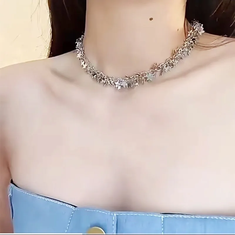 Starry Surrounded by Silver Stars Tassel Spice Girl Necklace Korean ins Niche Design Grade Sense Trend Light Luxury Women