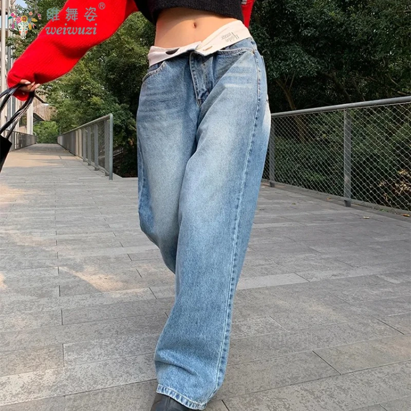 Pantalones vaqueros Vintage Y2k holgados para mujer, ropa de calle Kpop Gyaru, pantalones vaqueros azules anchos, moda coreana Harajuku, pantalones de cintura alta con giro