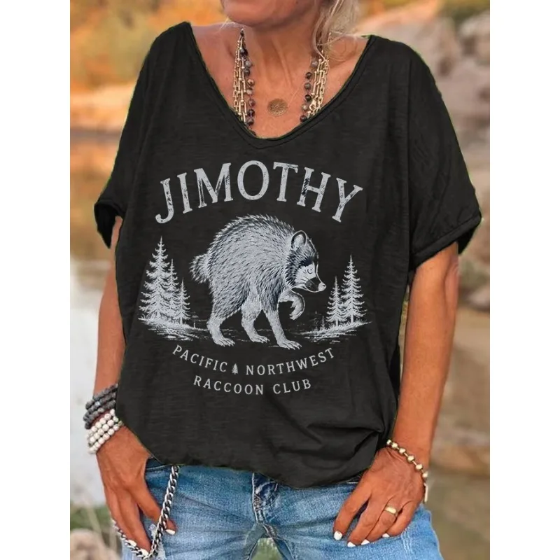 ilstile Women's Raccoon Print T-Shirts Summer Short Sleeve T Shirt Casual Loose V Neck Tops Tees Black White Hot Sale