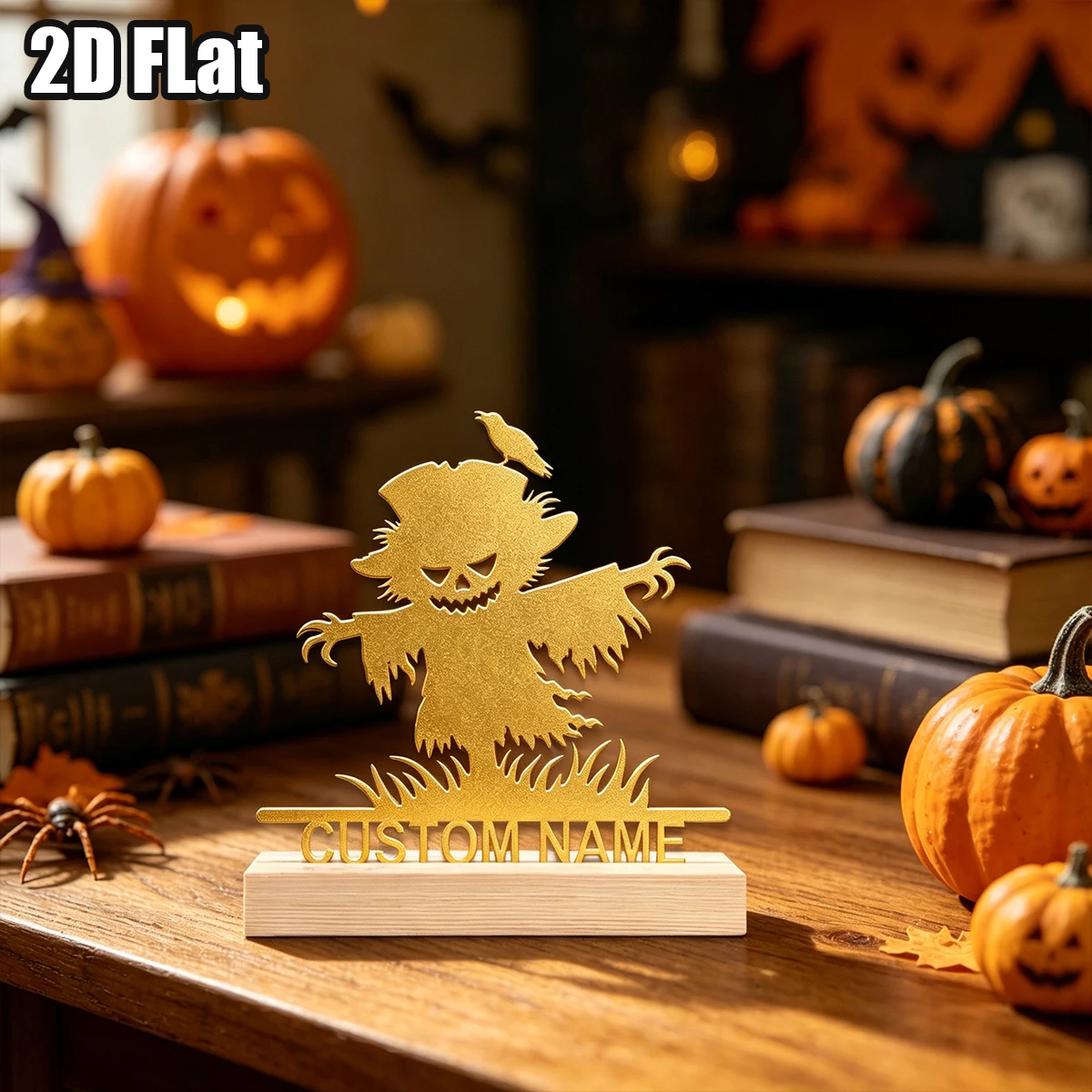 1Pc Custom Halloween Scarecrow Wooden Base Metal Ornament,Home Room Desktop Decor,Ideal Birthday Wedding Halloween Festive Gift