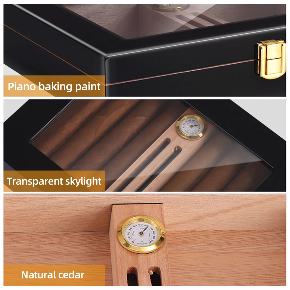 Cigar Humidor Storage 10-18 Cigars Box Cedar Glass Top Desktop Cigar Humidors Storage Case with Humidifier  Accessories for Men