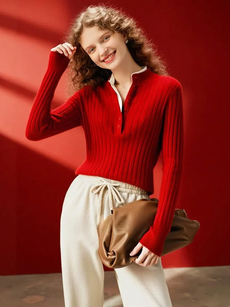 

Red Knitted Sweater f Buttoned Slim Fit Contrast Color Resin Knitwear Soft French Sle Long Sve Elastic Regular Length