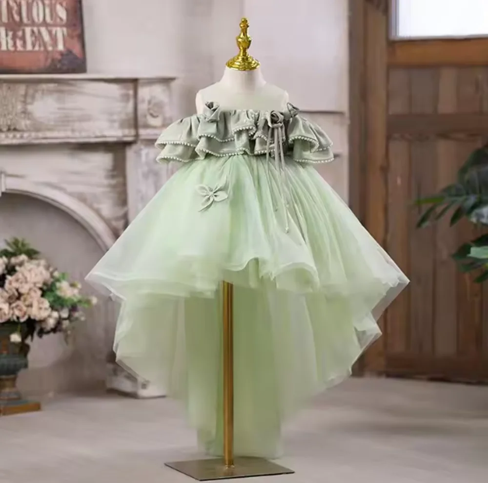 

Sage Green Off Shoulder Flower Girl Dress Princess Children Birthday Wedding Party Pageant Prom Gown