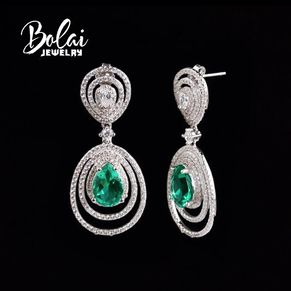 

Luxury S925 silver long earrings 4.20ct created pear 7*9mm emerald Nano jewelry for women's anniversary and banquet party gift