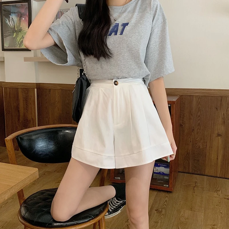 Short ample en pur coton pour femmes, jambe droite, fin, décontracté, couleur unie, pantalon court, Style collège coréen, été 2025