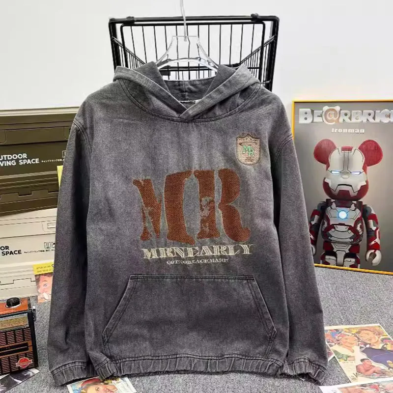 Brief Stickerei Denim Hoodie Für Männer Amerikanische Mode Lose Mit Kapuze Tops Herbst Casual High Street Retro Oversize Sweatshirt