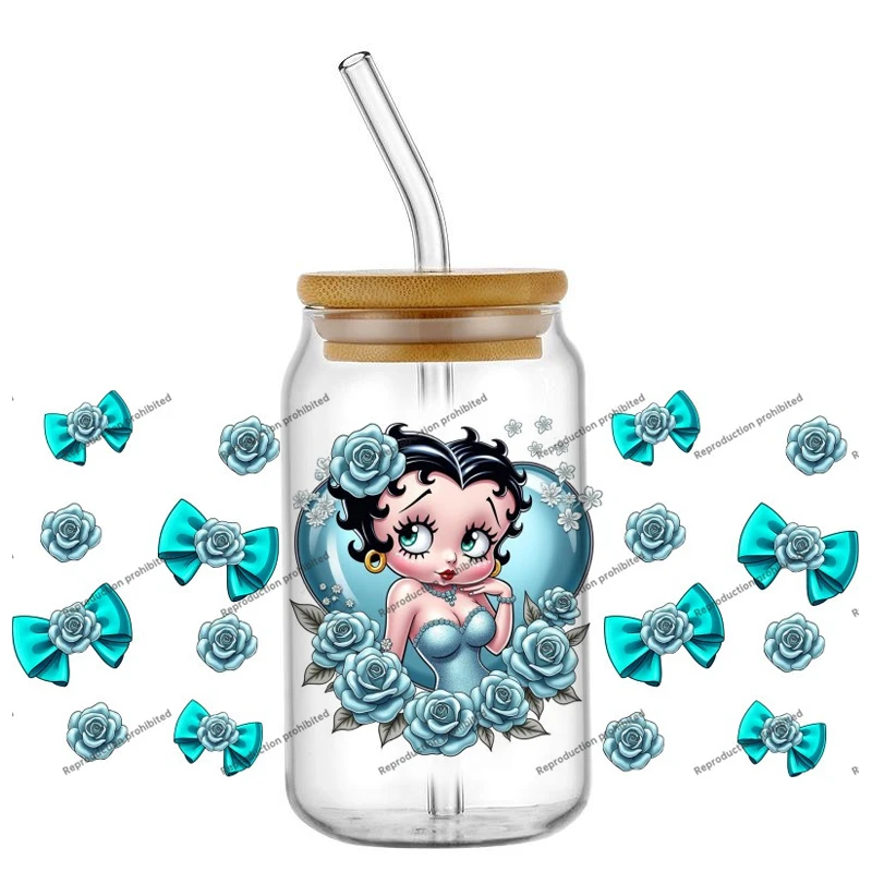 Trendy Modern Girl design UV DTF Cup Wrap Stickers Waterproof Heat Transfer For 16oz Libbey Glass Can Retro Tumbler Decal