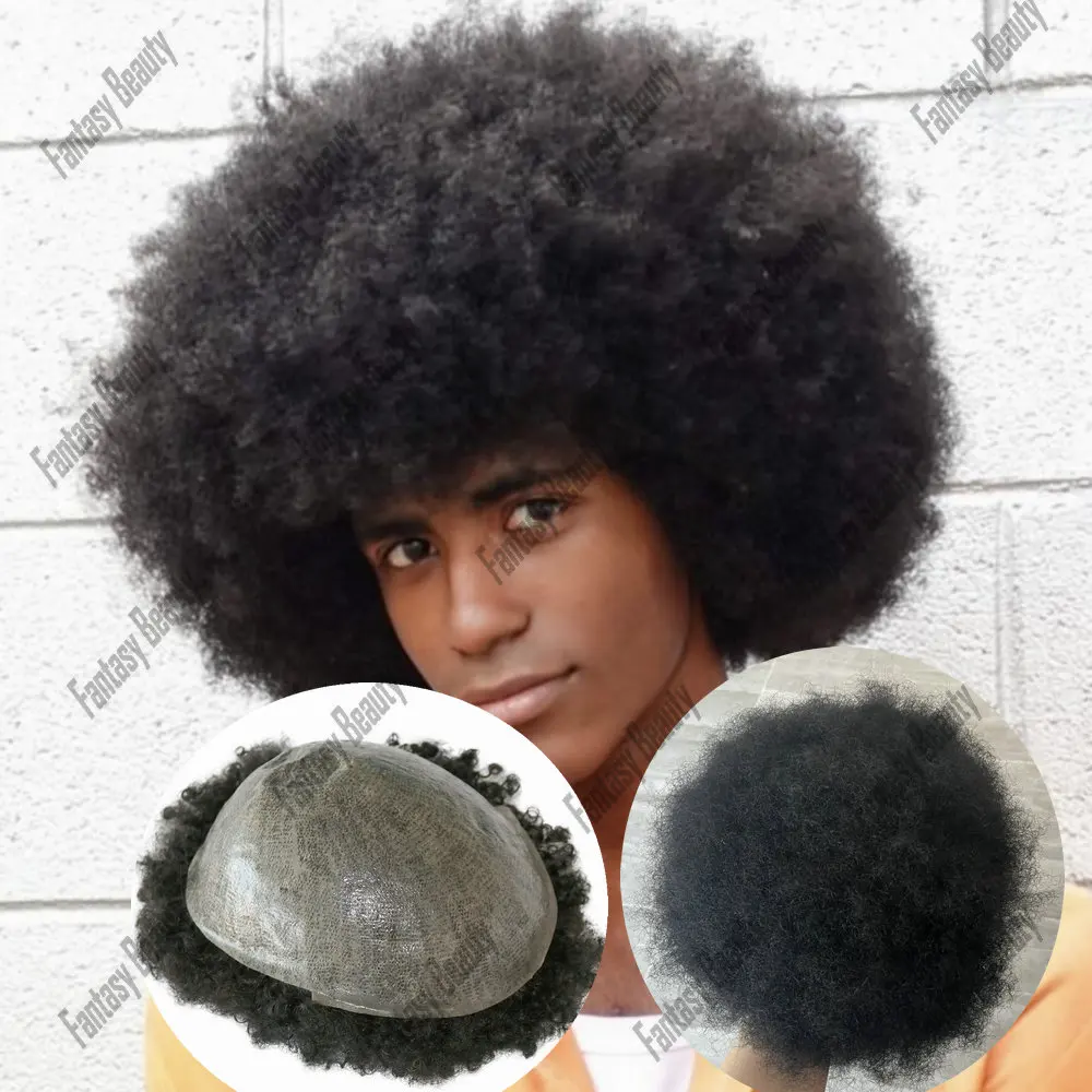 Toupet afro noir de jais pour hommes, base de peau bouclée profonde, délié naturel, 6 ", système de prothèse en cheveux humains, durable, 10mm