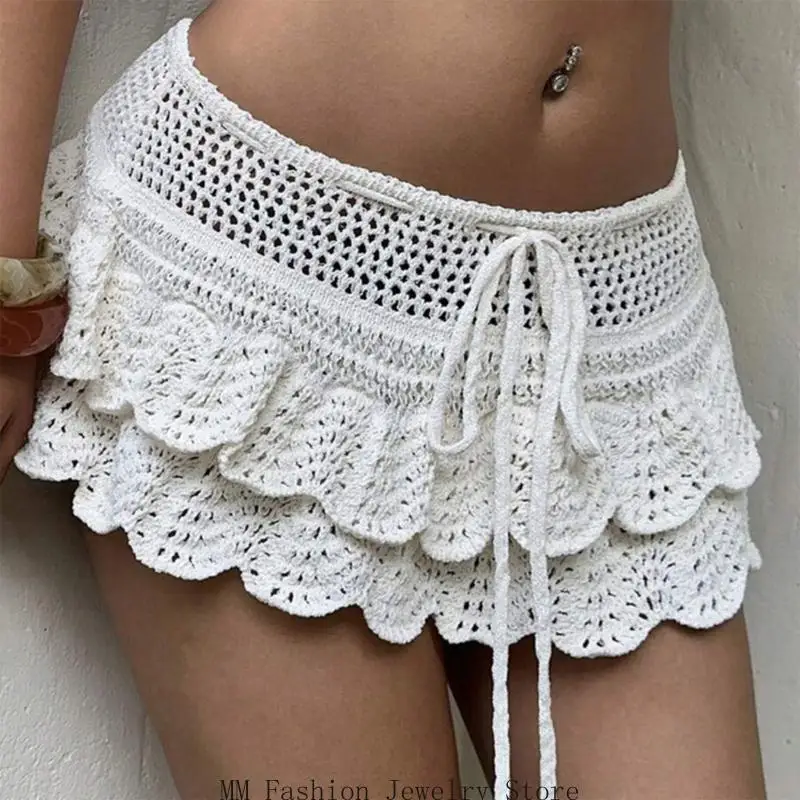 

Womens Summer Crochet Knitted Tiered Drawstring Waist Mini Beach Skirt Hollow Out A-Line Flared Swimsuit Cover Up Skirt D0UB