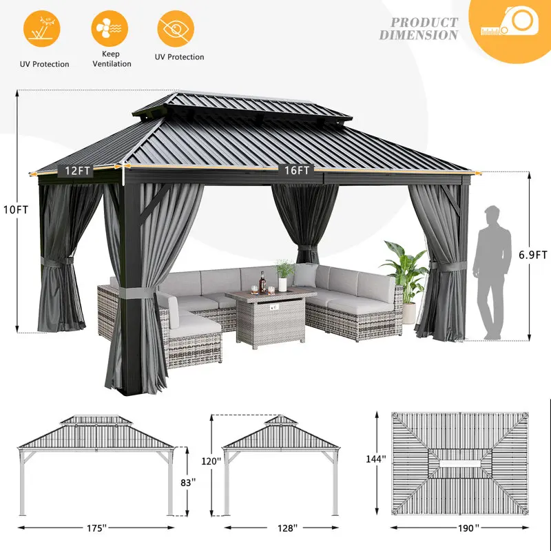 Aoxun hard top 12 'x 16', Gazebo luar ruangan baja kanopi atap ganda bingkai aluminium paviliun permanen dengan tirai dan jaring