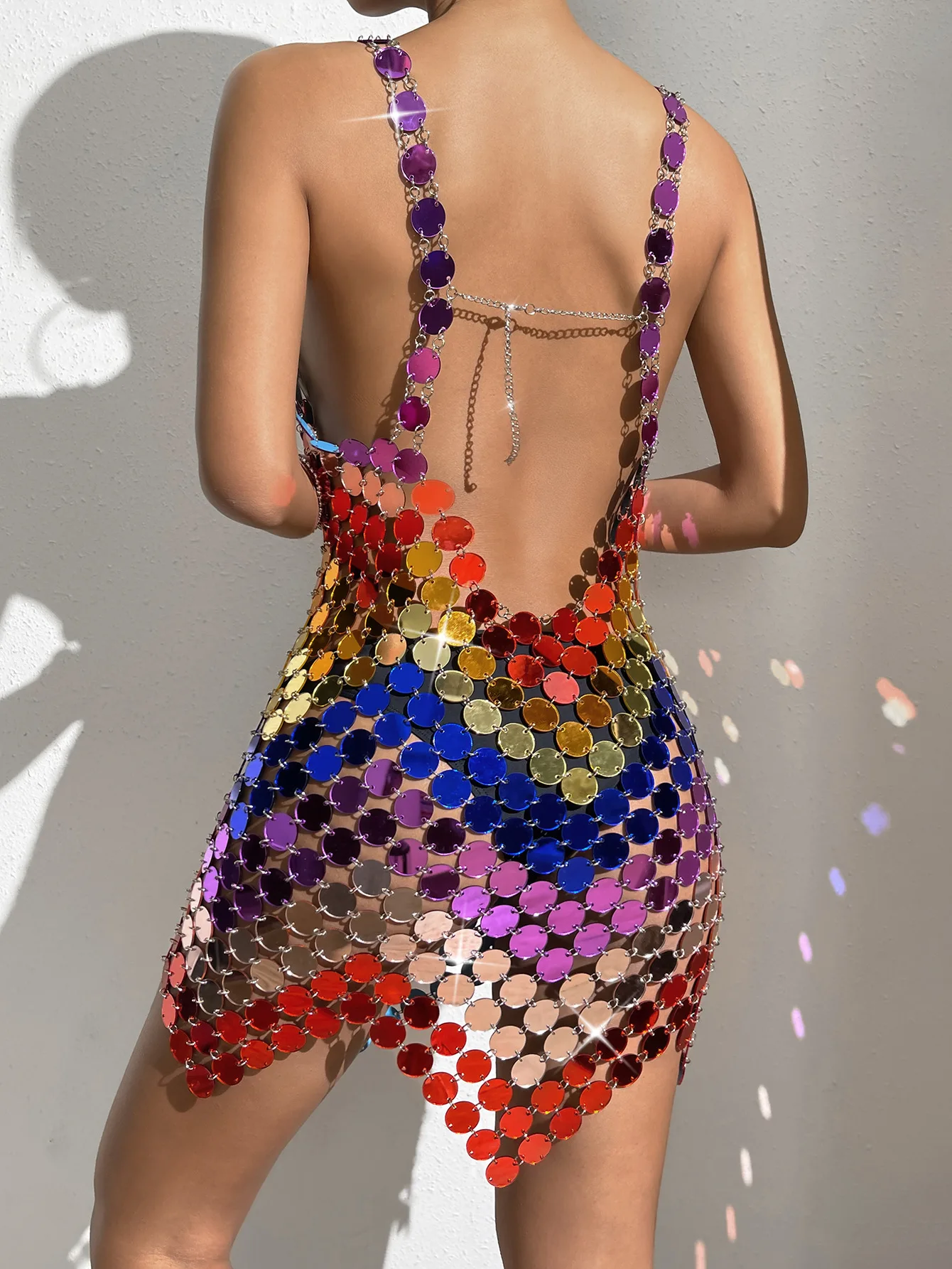 Handmade Colorful Sequin Dress, Sexy Nightclub Girl, Backless Acrylic Sequin Dress, Trendy Beach Vacation Sequin Dress