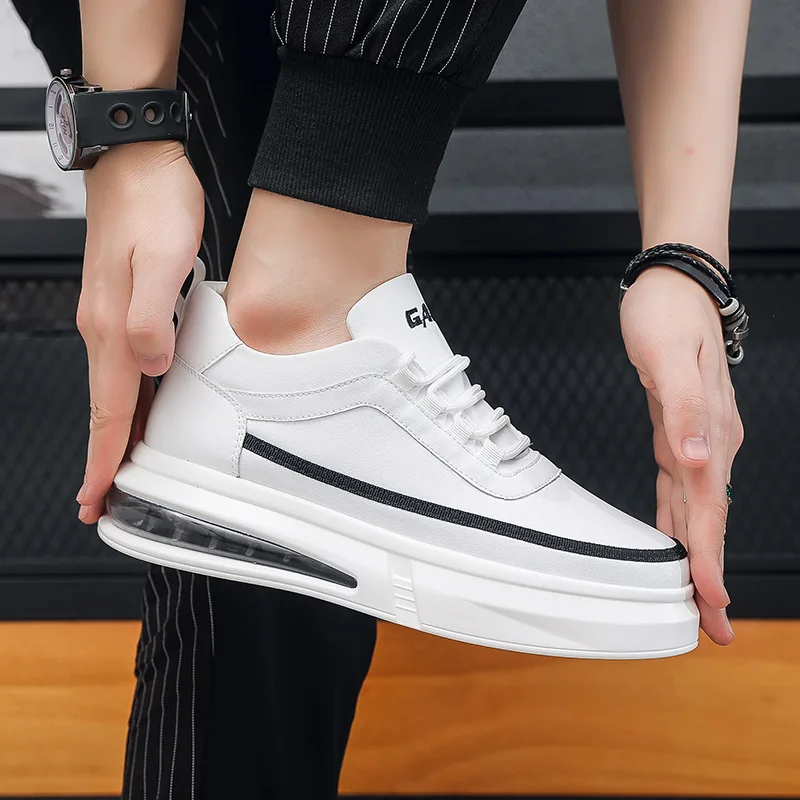 Korean style mens casual white shoes lace-up original leather shoe air cushion sneakers flats platform footwear zapatos hombre