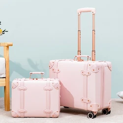 Handmade retro luggage pu leather trolley suitcase women 16/18 inch lightweight boarding case high-value handbag travel suitcase