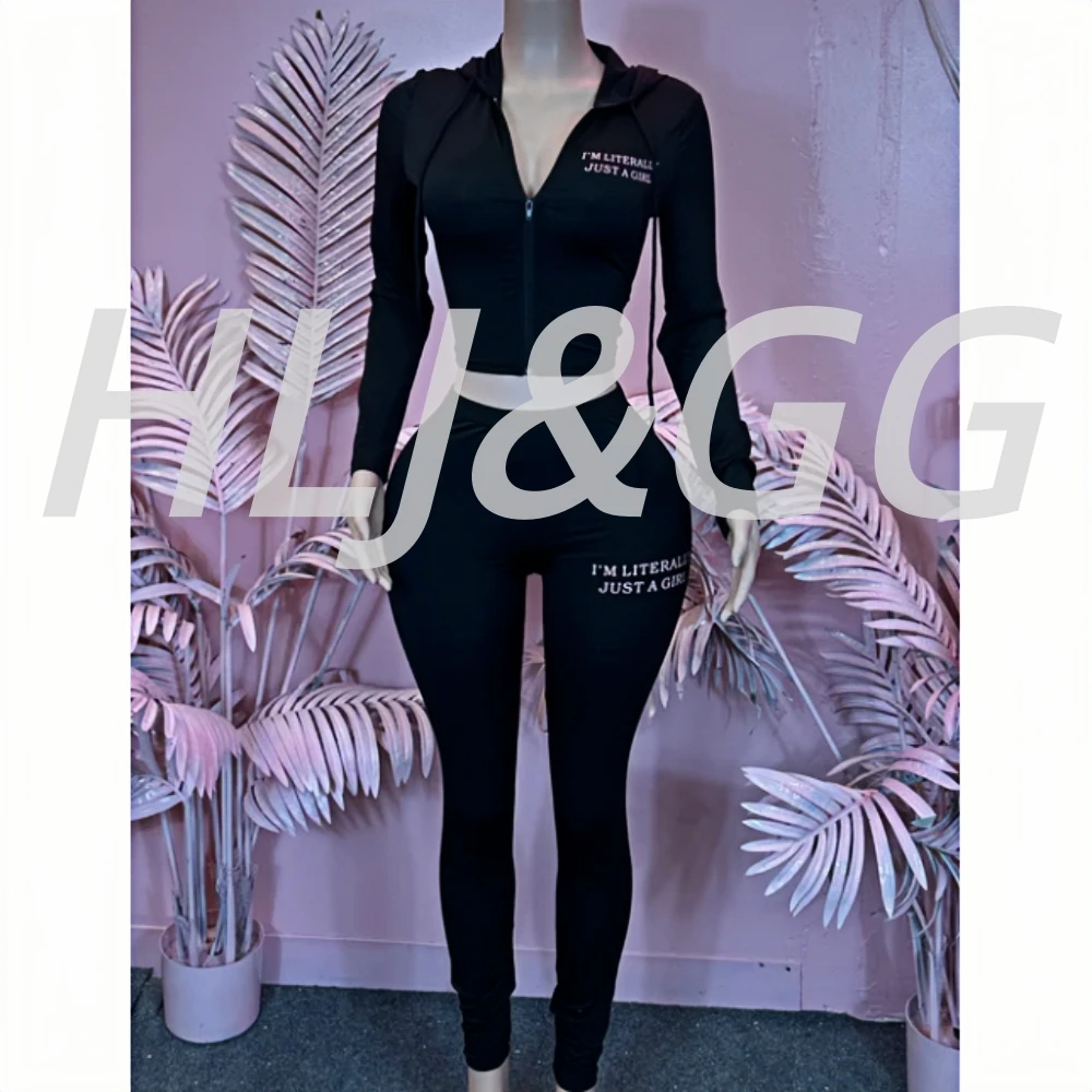 

HLJ&GG Black Autumn New Letter Print Hooded Two Piece Sets Women Zipper Long Sleeve Slim Top And Skinny Pants Outfits Tracksuits