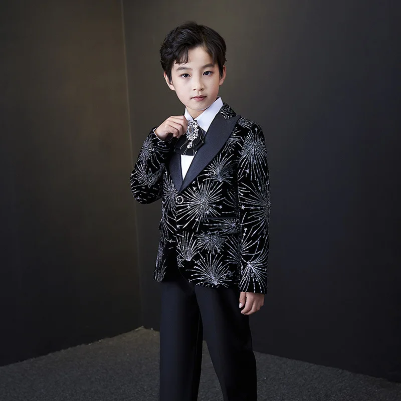 

Suits for Men Child Black Velveteen Golden Flower Honeysuckle Suits Little Host Boy Piano Catwalk Stage Performance Dresses