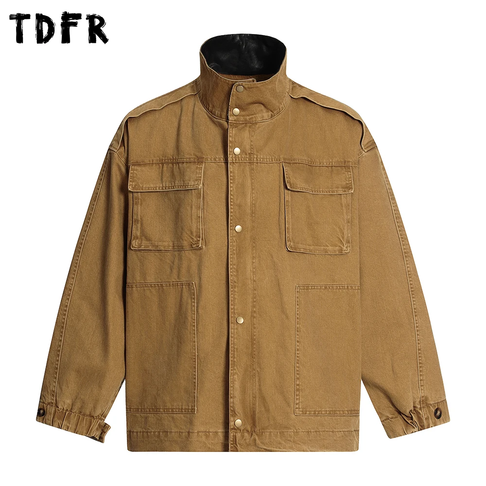 

Multi-Pocket Cargo Jacket Mens Autumn Retro Washed Distressed Spliced Collar Loose Single Breasted Long Sleeve Outerwear Man
