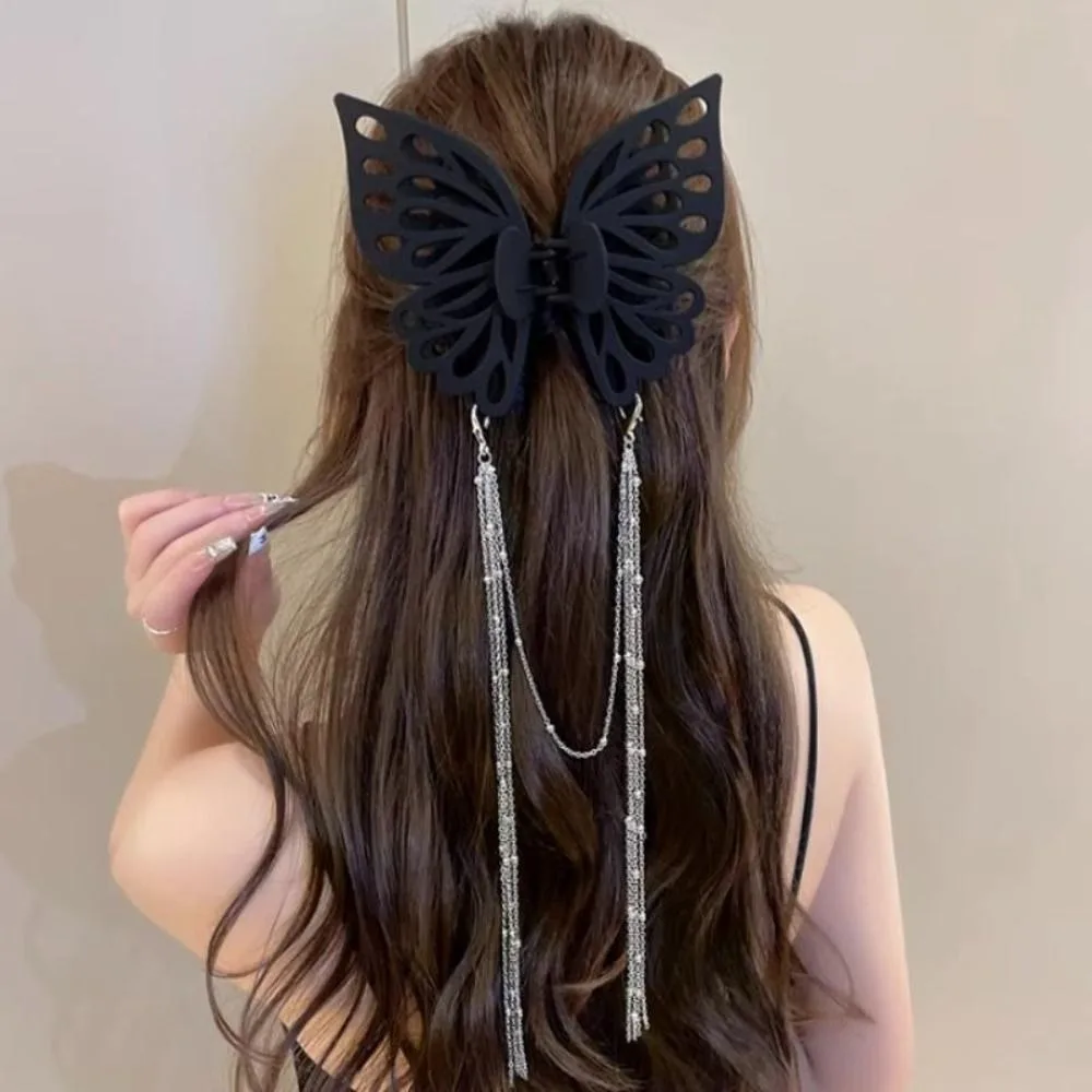 Large Size Butterfly Tassel Hair Claw Headwear Chain Tassel Hairpins Claws Hollow Out Solid Color Hair Clip Girls Styling Tools