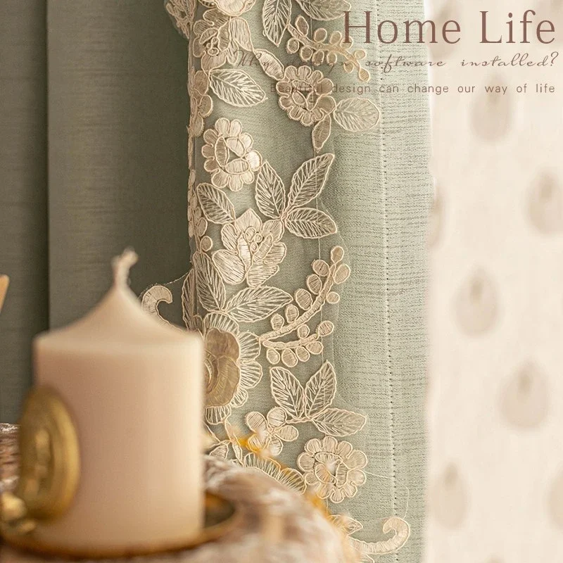 French Embroidered Vintage Mint Green Glossy Lace Patched Luxury Curtains for Living Room Bedroom Blackout Balcony Window Screen
