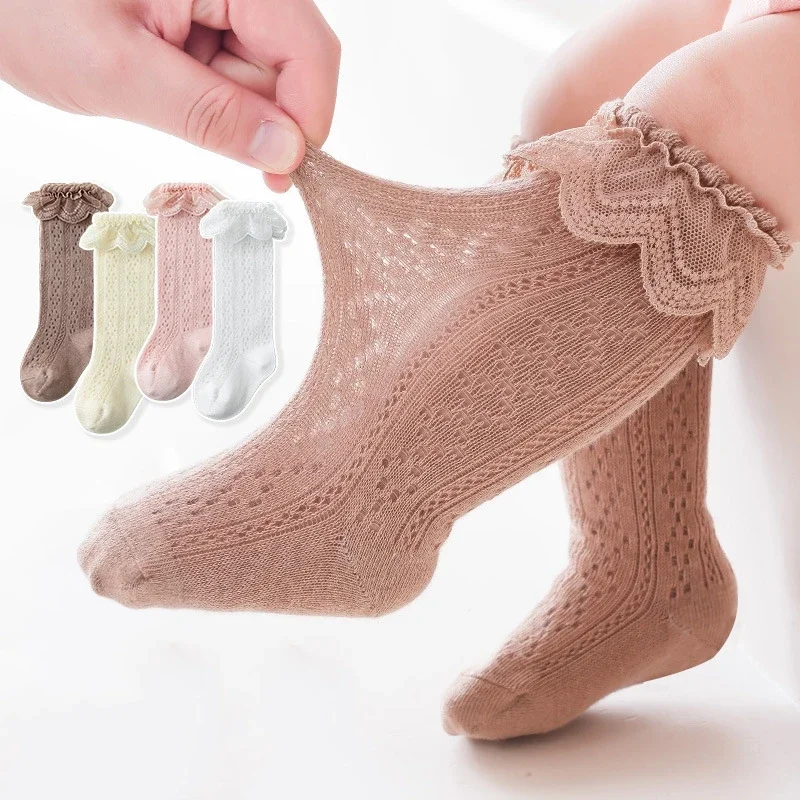 Baby Lace Princess Knee High Socks Kids Girls Boys Long Sock Cotton Mesh Breathable Children Hollow Out Socken for 0-3 Years Old