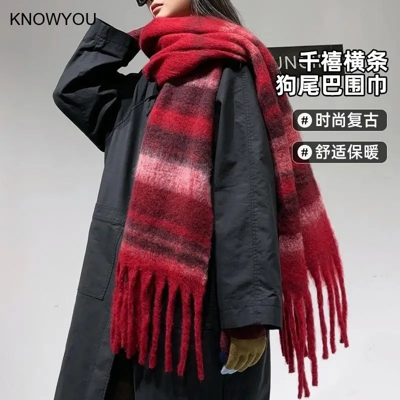 

Y2K Red Striped Scarf Korean Style Classic Tassel Mujer Bufanda Women Warm Artificial Cashmere Versatile Long Scarf Shawl