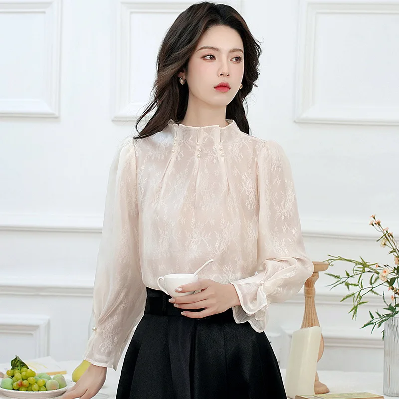 

Весенне-осенний французский люксовый блейзер из шифона с жемчужным кружевом для женщин, с воротником-стойкой, элегантный твидовый топ, коллекция 2026 года