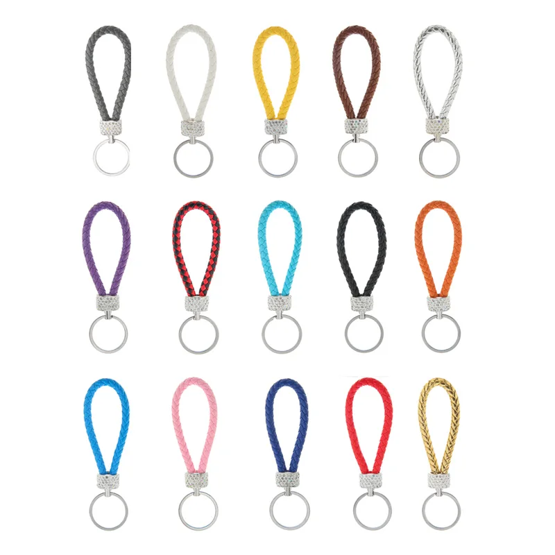 PU Leather Braided Woven Rope Keychain For Women Rhinestones Wrist Strap Key Chains DIY Car Bag Pendant Keyring Jewelry Gift
